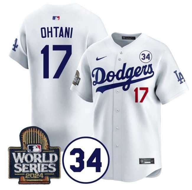 Men%27s Los Angeles Dodgers #17 Shohei Ohtani White 2024 World Series With No. 34 Patch Limited Stitched Jersey Dzhi